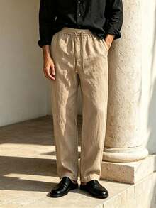 3pcs Men's Linen Straight Leg Casual Pants, Suitable For Daily Outdoor Casual Wear - Khaki - View 2