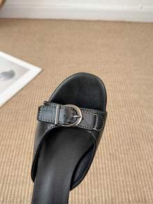 1 Pair Women's Black Buckle Low Chunky Heel Sandals, Elegant Commuter Style, Fashionable Versatile High Heel Sandals - Black - View 10