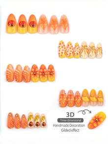 NAIO 10片裝秋日夢幻系列 3D柿子楓葉銀杏橡果花卉水鑽漸層亮面穿戴甲，暖秋季節裝飾穿戴美甲，杏仁形，適合日常佩戴、豐收聚會、秋季主題派對、節日晚餐活動 - 彩色 - 查看 2