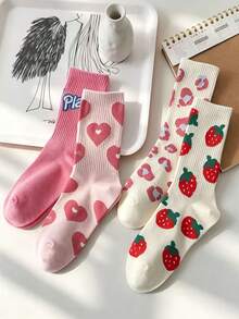 5 Pairs Pink Girl Mid-Calf Socks, Strawberry & Heart Print Cotton Socks, Japanese Sweet Versatile Women's Socks - Multicolor - View 12