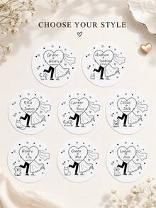 Personalized Name And Date Wedding Sticker, Custom Bride And Groom Heart Balloon Label, Hand Drawn Couple Illustration, Wedding Favor Sticker, Gift Box Seal, Bridal Shower, Engagement Celebration, Wedding Reception Decor, Newlyweds, Couples - Multicolor - View 9