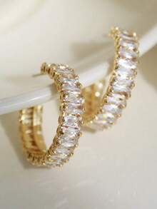Personalized Fashionable Square Zirconia Super Flash Party Wedding C-Shaped Earrings 1 Pair - Gold - View 1