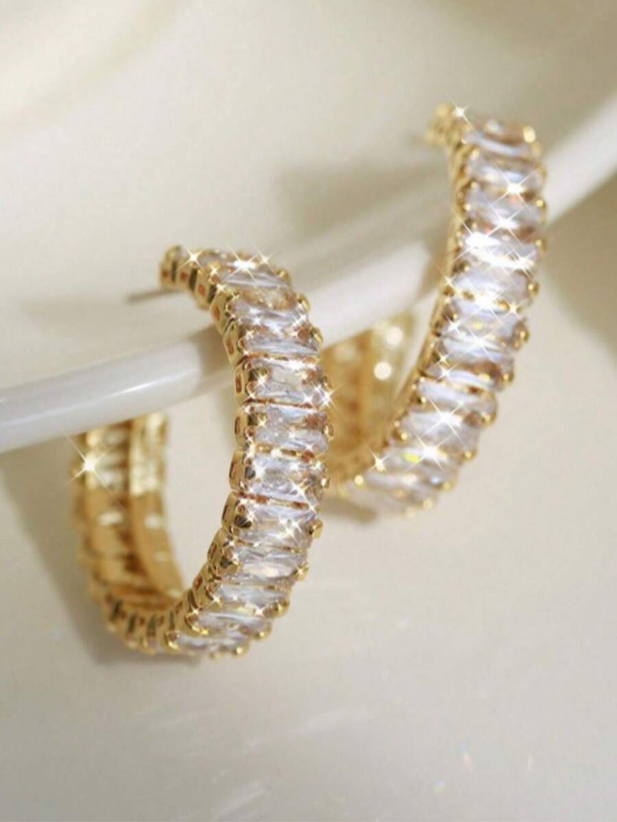 Personalized Fashionable Square Zirconia Super Flash Party Wedding C-Shaped Earrings 1 Pair - Gold - View 1