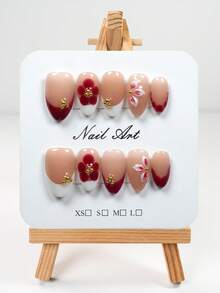 YINZIJIA 10 Pieces, Handmade Hand-Painted French Floral Gradient Pearls, Subtle Differences=Unique Handmade Short Almond Shaped Pure Handmade Nail Board Set, Suitable For Girls And Women To Wear On Daily Holidays, 1 Nail File And 1 Jelly Glue - Multicolor - View 2
