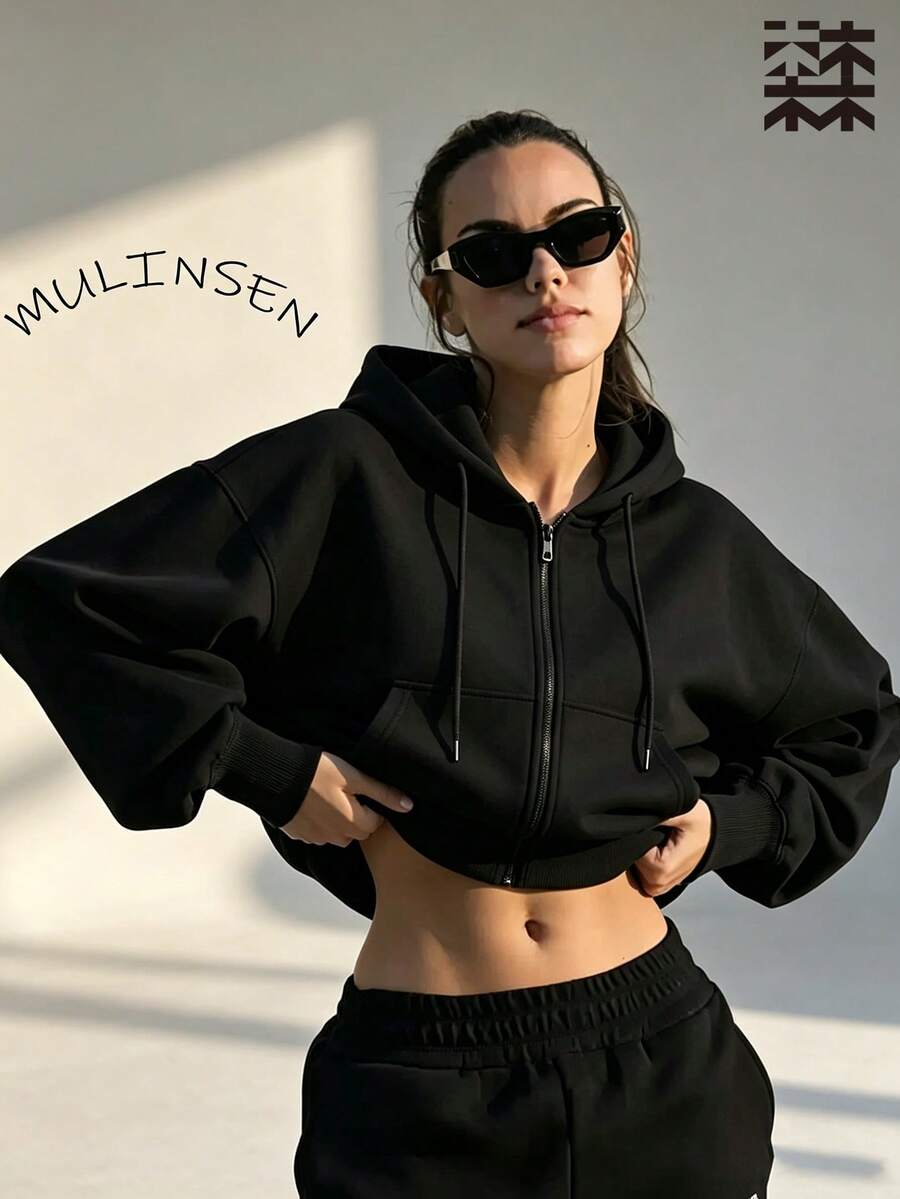 mulinsen Women's Slim Fit Zip-Up Sweatshirt, Drawstring Long Sleeve Casual Sports Jacket - Black - View 1