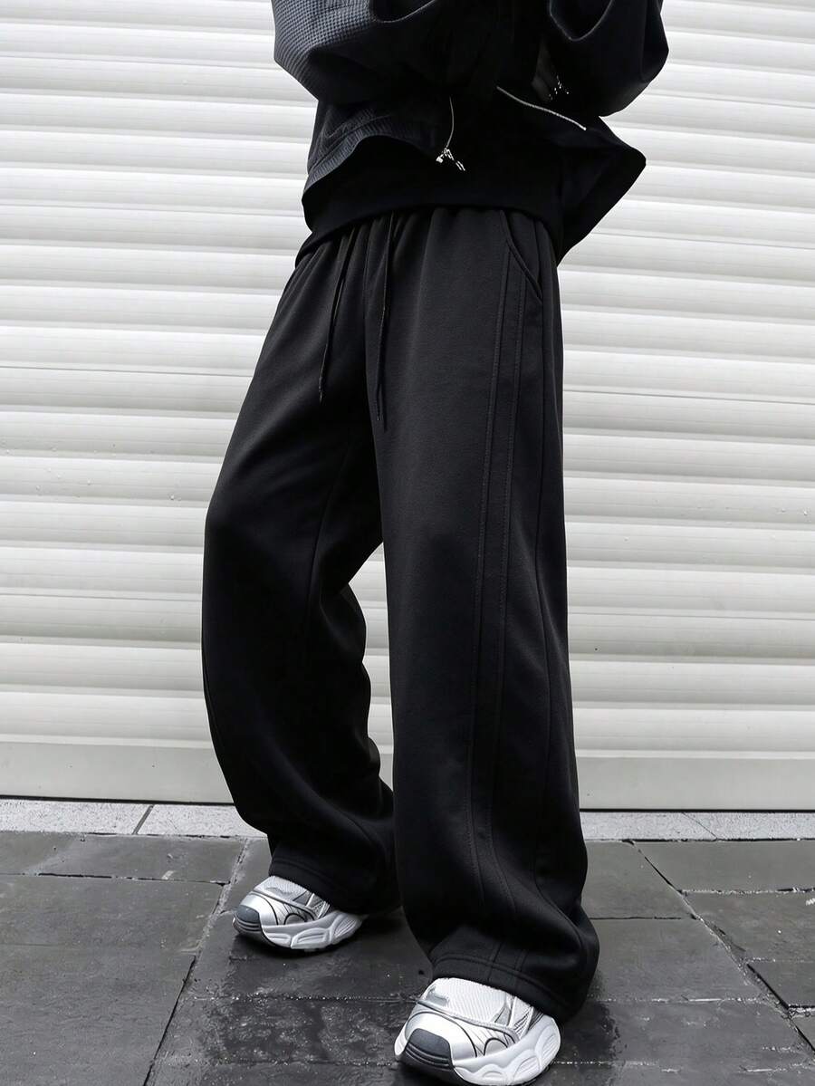 Men's Black Barrel Color Drawstring Waist Pockets Casual Loose Fit Sports Sweatpants, Knitted Fabric Athletic Long Pants - Black - View 1
