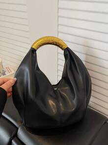 Women's Knitted Floral Tote Bag With Double-Strand Shoulder Strap, Tassel Charm, Zipper Lining, Large Capacity, Minimalist Elegant Commuter Shoulder Bag, Korean Style, Versatile For Work - Black - View 6
