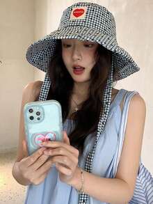 1pc Heart Plaid Bucket Hat, Cute Outdoor Foldable Wide Brim Sun Hat, Casual Polyester Breathable Hat, Suitable For Spring, Summer, Autumn, Beach, Vacation, Holiday, Travel - Multicolor - View 2