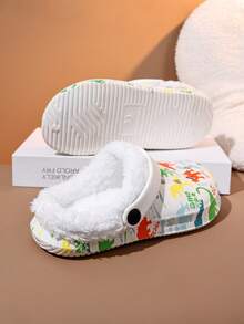 1 Pair Boys Thermal Lined Warm Casual Indoor Dinosaur Print Clogs Suitable For Winter - White - View 4