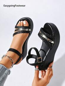 Women's Plus Size Woven Open Toe Wedge Sandals, Thick Sole Non-Slip Versatile Casual Shoes For Summer - Black - View 11
