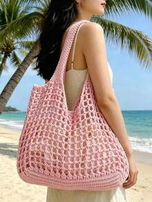 Large Capacity Crochet Shoulder Tote Bag, Lightweight Multifunctional Knitted Handbag, Suitable For Travel, Beach, Vacation And Daily Use - Pink - View 3