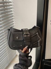 1pc Black Solid Color PU Baguette Shoulder Bag For Women - Black - View 3