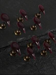 10pcs 25mm Unique Personalized Vintage Street Charm Minimalist Casual Elegant Daily Exquisite Solid Cherry Red Handmade Short Cat Claw Style False Nail Tips Set, Suitable For Girls And Women, Make You More Charming - Burgundy - View 1