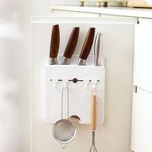 1pc Kitchen Knife Rack, Wall-Mounted Knife Holder, 7 Slots, Under Cabinet Kitchen Knife Storage - White - View 2