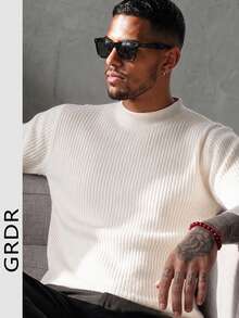Men's Ribbed Turtleneck Casual Knit Sweater, Long Sleeve - White - View 2