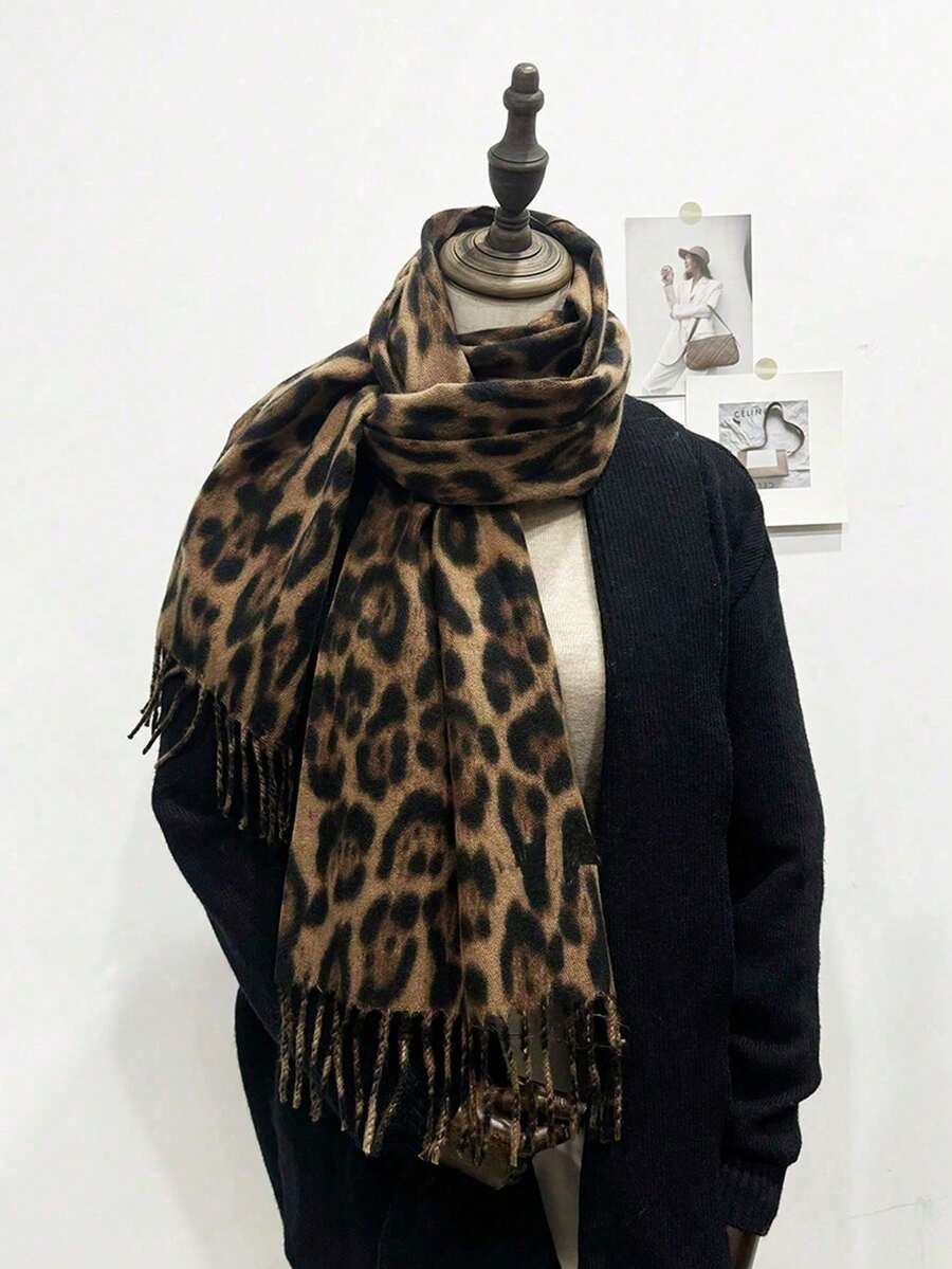 1件幾何圖案格紋流蘇圍巾 - 咖啡色豹紋 - 查看 1