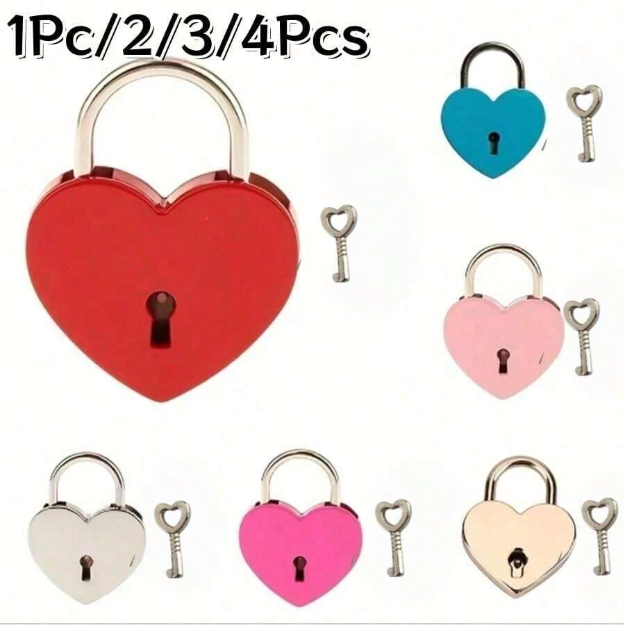 1Pc/2/3/4Pcs Mini Heart-Shaped Lock With Key, Diary Lock, Jewelry Box Lock, Privacy Lock, Suitable For Luggage, Keepsake Box, Random Color