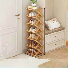 1pc Foldable Freestanding Narrow Bamboo Shoe Rack, Portable Space-Saving Shoe Tower, No Assembly Required, Suitable For Entryway, Hallway, Bedroom, Living Room Corner And Small Spaces - Ginger - View 16