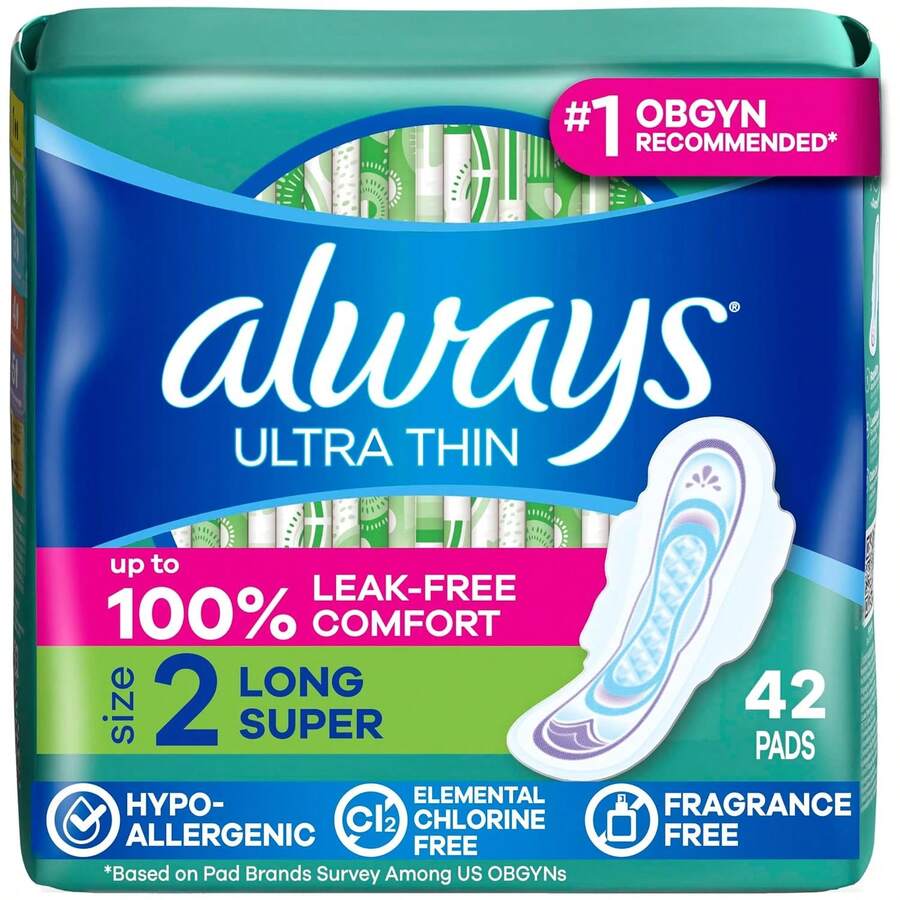Always Ultra Thin Pads With Wings, Size 2, Long Super, 42 Count - General Specification default - View 1