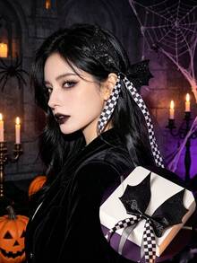 1pc Halloween Dark Bat‑Wing Bow Hair Accessory, Black‑White Checkered Long Ribbon Costume Hair Ornament - Multicolor - View 6