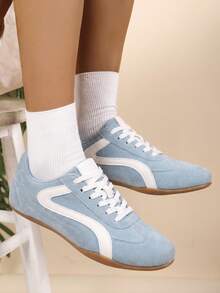 Light Blue Vintage Style Flat Sneakers, Women's Casual Lace-Up Front Shoes - Light Blue - View 1