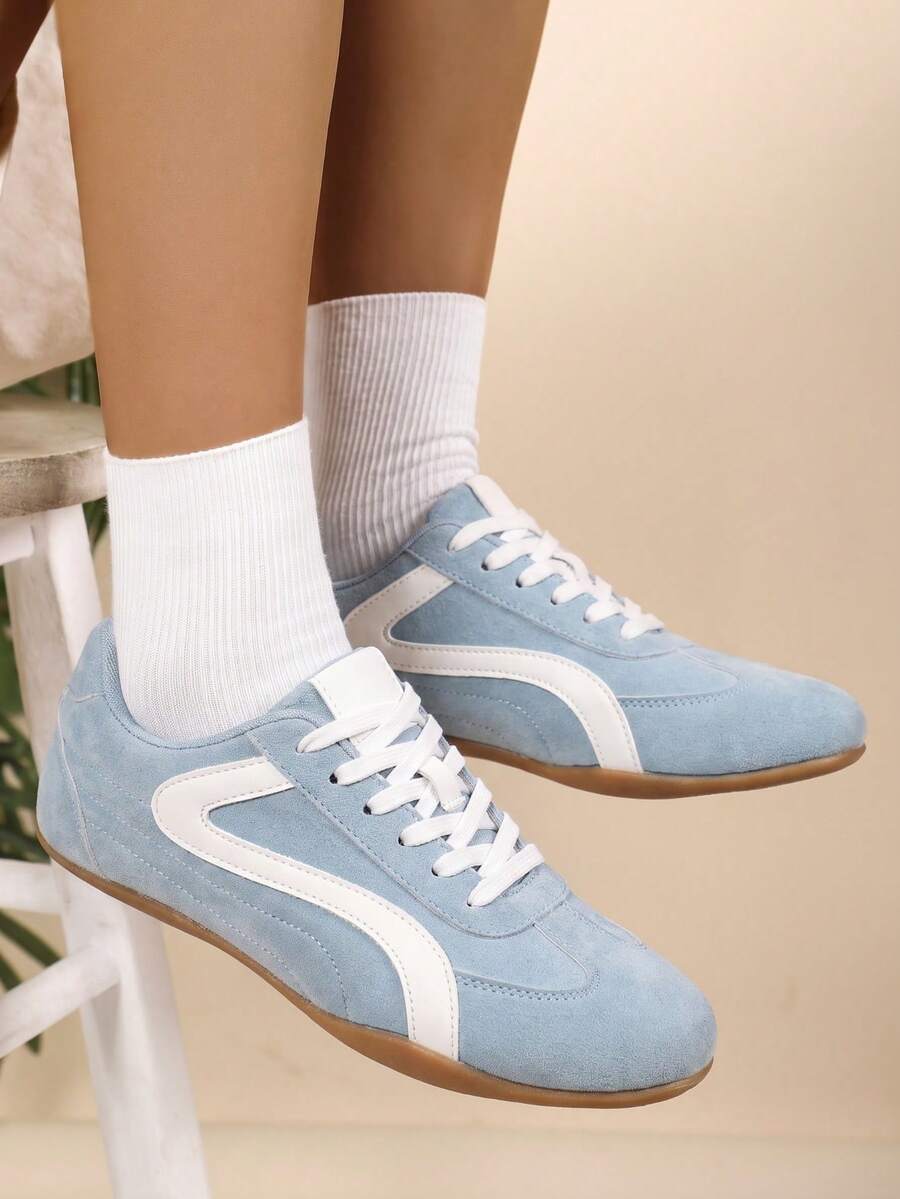 Light Blue Vintage Style Flat Sneakers, Women's Casual Lace-Up Front Shoes - Light Blue - View 1