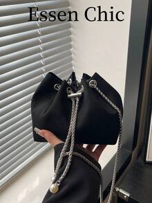 1pc Black Solid Color Faux Suede Bucket Bag Women's Crossbody Bag - Black - View 8