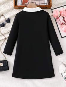 Girls' Autumn Long Sleeve Dress, Bow Embroidery Collar Casual Minimalist Preppy Style, Suitable For 4-8Y - Black - View 2