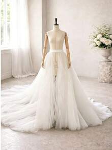 1pc Ivory 5-Layer Detachable Tulle Wedding Overskirt, Long Train Slit Mesh Skirt, Suitable For Outdoor Wedding, Bridal Photography, Ball And Fairy Cosplay Accessory - White - View 6