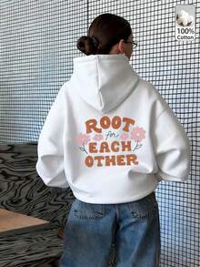 Oversized Women's Sweatshirt For Autumn And Winter, Long-Sleeve Hoodie With Pockets, Casual Top, Y2k Style, Daily Letter Slogan Graphic, Black Unisex - White - View 3