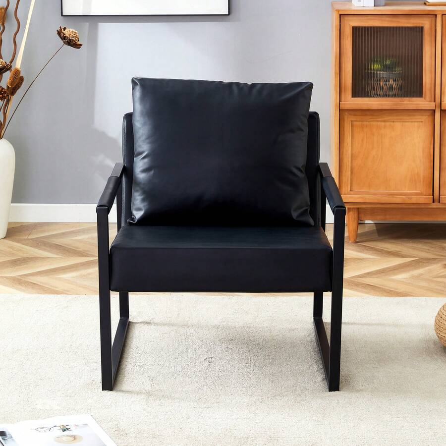 Accent Chair Space Saving Metal Frame PU Leather Black - Black - View 1