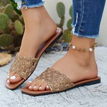 Women's Rhinestone Embellished Hollow-Out Mesh Pattern Square Toe Open Toe Single Strap Flat Slide Sandals, Luxury Vacation Style Summer Leather Slippers - Brown - View 12