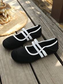 Women's Round Toe Flat Double Elastic Strap Mary Jane Shoes, Vintage Casual Soft Sole Daily Commute Shoes For Spring And Autumn - Black - View 7