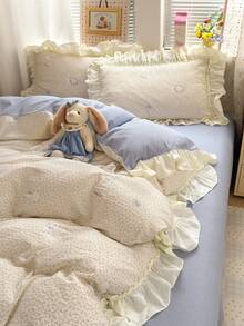 4pcs Cute Cat Floral Bedding Set, Ruched Lace Design, Soft And Comfortable Bedroom Bedding, Breathable Soft All-Season Bedding Set, Includes 1 Duvet Cover, 1 Bed Sheet, 2 Pillowcases, No Filling, Suitable For Dorm, Bedroom Home Use, Multiple Size Options - Beige - View 11