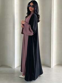 Contrast Color Open Front Abaya Set With Matching Hijab, Flare Sleeve Elegant Muslim Long Robe, Dubai Style Islamic Outfit - Multicolor - View 7