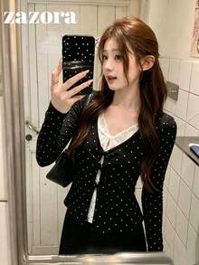 Kaos Lengan Panjang Leher Persegi 2-in-1 Motif Polkadot Kuning Bahan Sutra, Atasan Slim Fit Gaya Korea, Cocok untuk Awal Musim Gugur - Hitam - View 1