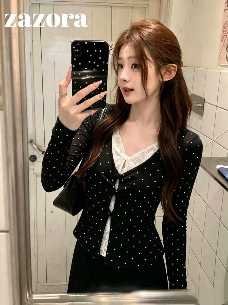 Kaos Lengan Panjang Leher Persegi 2-in-1 Motif Polkadot Kuning Bahan Sutra, Atasan Slim Fit Gaya Korea, Cocok untuk Awal Musim Gugur - Hitam - View 1