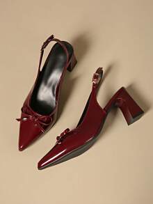 1 Pair Women's Pointed Toe Small Bow Back Strap Metal Buckle Burgundy High Heel Sandals, Fashionable All-Season Chunky Heel High Heel Sandals - Burgundy - View 6