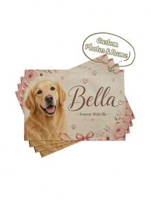 1pc Faux Linen Custom Photo & Name Personalized Placemat, Pet Memorial Print Heat-Resistant Western Table Mat, Floral & Paw Print Pattern Dining Mat, Suitable For Family Gatherings, Themed Memorial Banquets, Heat-Resistant & Waterproof Placemat, Pet Memorial Gift - Multicolor - View 1