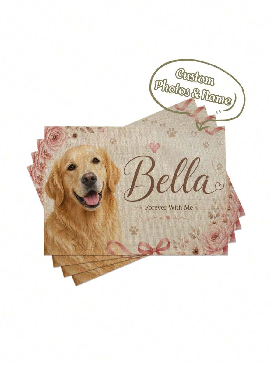 1pc Faux Linen Custom Photo & Name Personalized Placemat, Pet Memorial Print Heat-Resistant Western Table Mat, Floral & Paw Print Pattern Dining Mat, Suitable For Family Gatherings, Themed Memorial Banquets, Heat-Resistant & Waterproof Placemat, Pet Memorial Gift - Multicolor - View 1