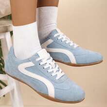Light Blue Vintage Style Flat Sneakers, Women's Casual Lace-Up Front Shoes - Light Blue - View 11
