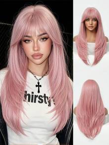 Fashion Pink Long Layered Straight Hair Wig With Bangs, Heat-Resistant Synthetic Fiber Women's Hairstyle Wig, Suitable For Halloween Cosplay, Christmas Party, New Year Celebration And Holiday Events - Pink - View 3