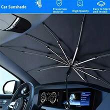 1pc Manual Folding Car Sunshade | Car Window UV Protection Sunshade, Business Gift, Practical Summer Car Accessory. Effectively Blocks Direct Sunlight And Lowers Interior Temperature. Easy To Fold And Store, Ideal Gift For Friends And Family. Can Also Be Used As An Umbrella In Special Circumstances (Fits Multiple Car Models, Slight Size Variations May Occur Due To Batch Differences). - Black - View 1