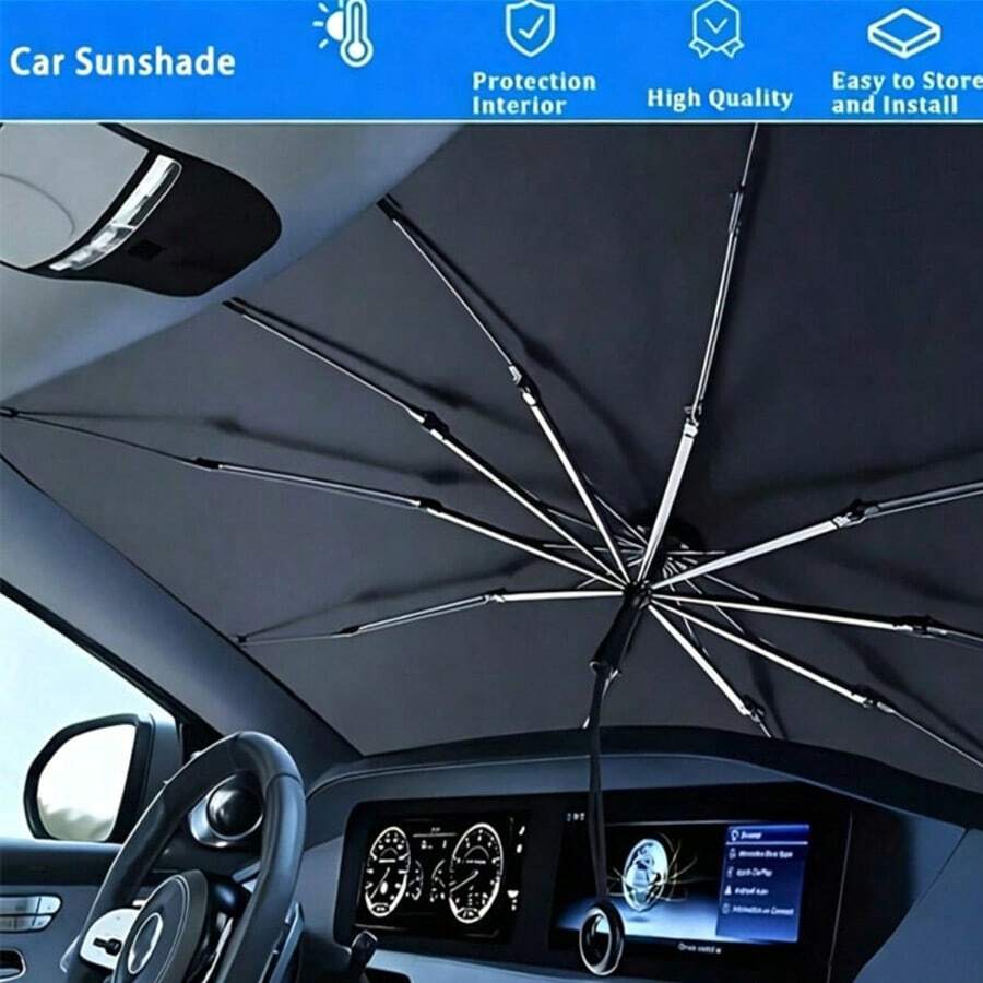 1pc Manual Folding Car Sunshade | Car Window UV Protection Sunshade, Business Gift, Practical Summer Car Accessory. Effectively Blocks Direct Sunlight And Lowers Interior Temperature. Easy To Fold And Store, Ideal Gift For Friends And Family. Can Also Be Used As An Umbrella In Special Circumstances (Fits Multiple Car Models, Slight Size Variations May Occur Due To Batch Differences). - Black - View 1