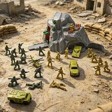 Military Theme Kids Cave Launch Base Toy Set With 24 Soldier Figures, 4 Types Of Armored Combat Vehicles: Tank, Fighter Jet, Armored Vehicle, Troop Carrier, Immersive Battlefield Scene Simulation Toy - Green - View 12