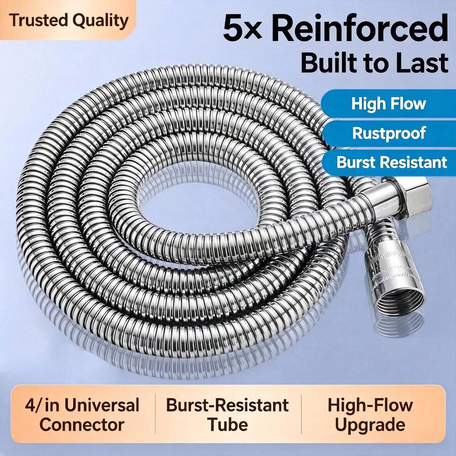 1pc Stainless Steel Flexible Shower Hose Long Bathroom Shower Water Pipe Extension Tube Bathroom Accessory Withstands 8.82LB Water Pressure - Silver - View 1