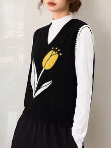 Women's Autumn/Winter Artistic Floral Pattern V-Neck Pullover Sweater Vest - Black - View 1