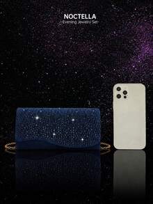 Noctella Shiny Rhinestone Women's Envelope Clutch Evening Bag, Luxury Women's Party Shoulder Bag Ball Bag, Paired With Shiny Rhinestone Pendant 2 Pieces Set, Rhinestone Pendant Necklace, Earrings, Suitable For Party, Gathering, Evening Banquet, Ball - Navy Blue - View 9