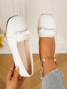 Women's Bow Square Toe Slip-On Flat Shoes, Soft Low-Cut Comfortable Daily Commute Office Shoes - White - View 6