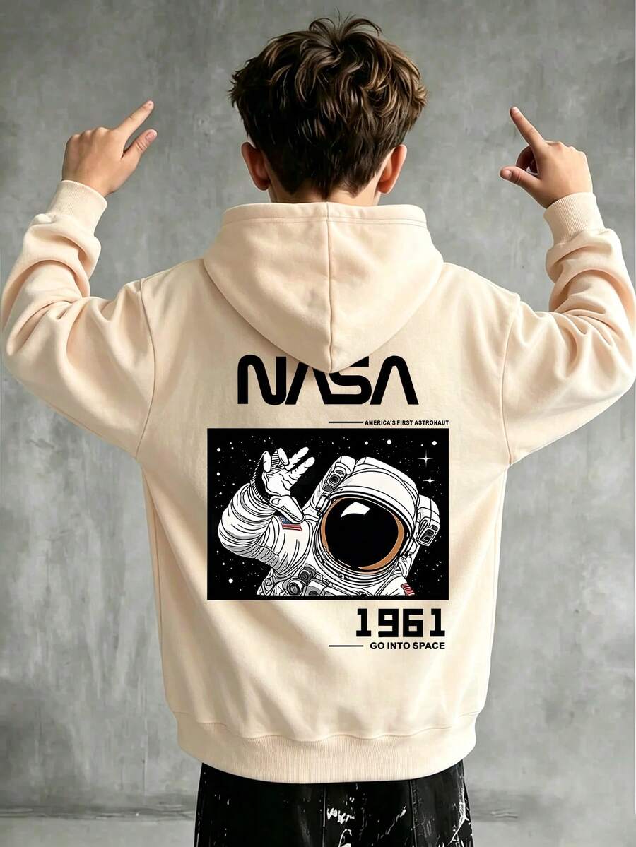 Tween Boy Apricot Hoodie With Astronaut Theme Graphic. Perfect For Casual Travel, Gatherings, Parties And Sports. - Apricot - View 1
